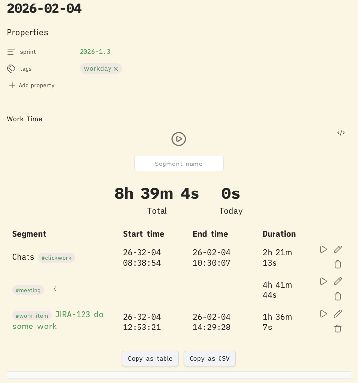 Time tracking in Obsidian using the Super Simple Time Tracker plugin